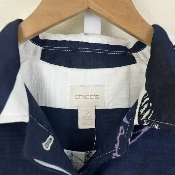 NWT CHICO'S Postcard Striped Jacket Size 2/L Large Stamp Navy Blue White Pockets - Picture 4 of 5